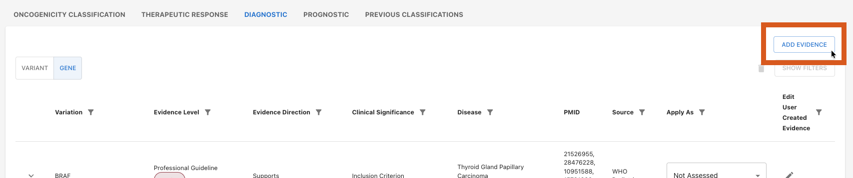 add amp/asco/cap evidence button