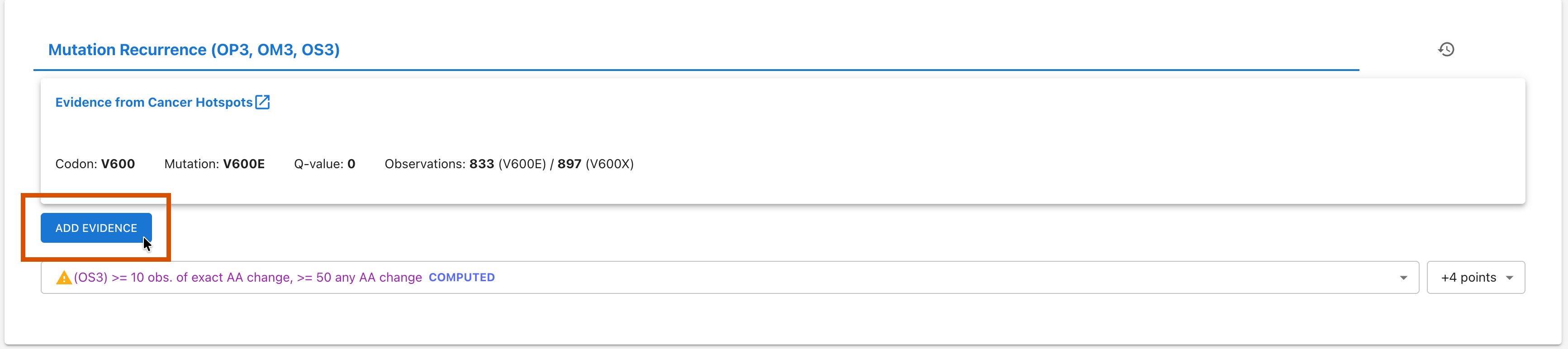 Clicking the "Add Evidence" button
