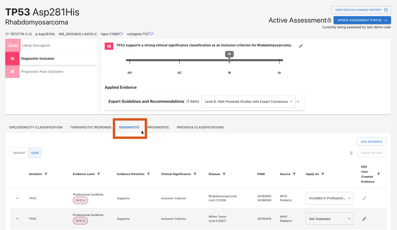 Diagnostic evidence tab click