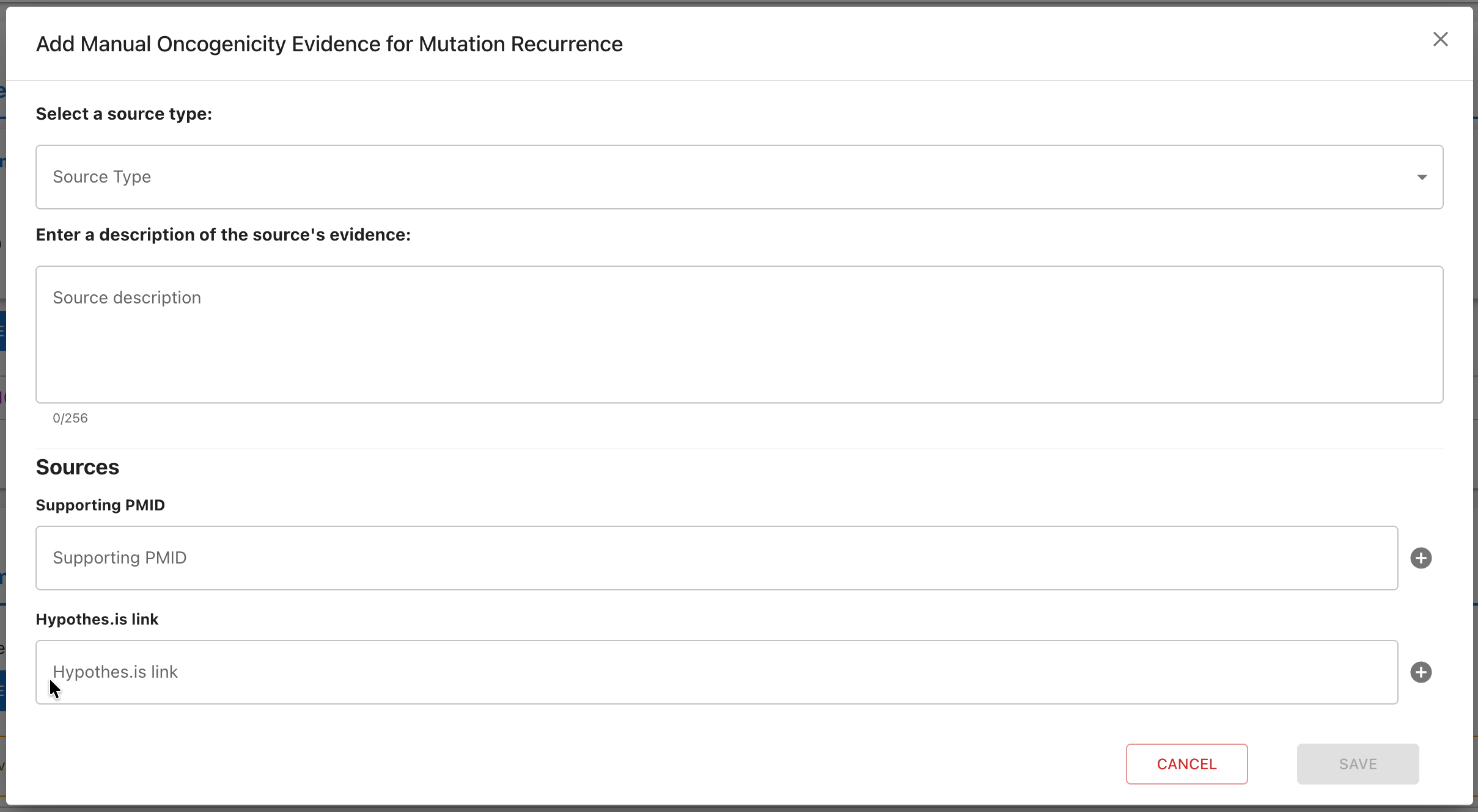 Form for adding manual oncogenicity evidence